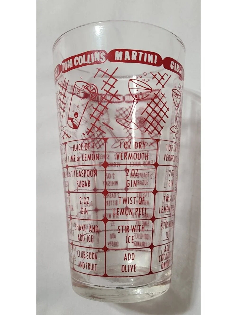 Vtg Federal Glass Mixology & Recipe Tumbler  Retro Red Print  MCM Barware Glass